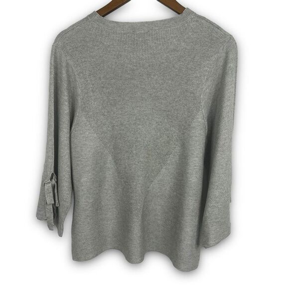 Cliche Gray Ribbed Wool Blend Quarter Tie Sleeve Crew Neck Sweater Top Medium - Picture 2 of 12